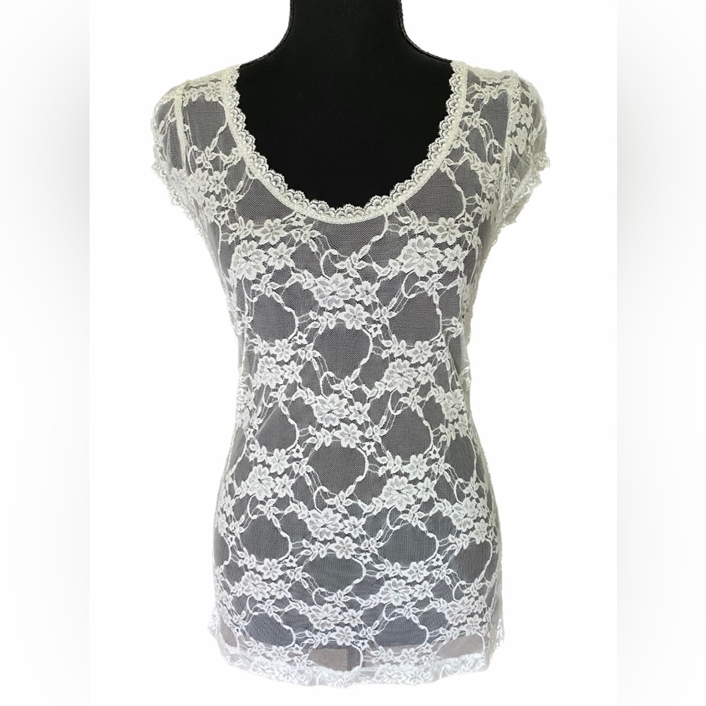 White Floral Lace Sheer Cap Sleeve Top